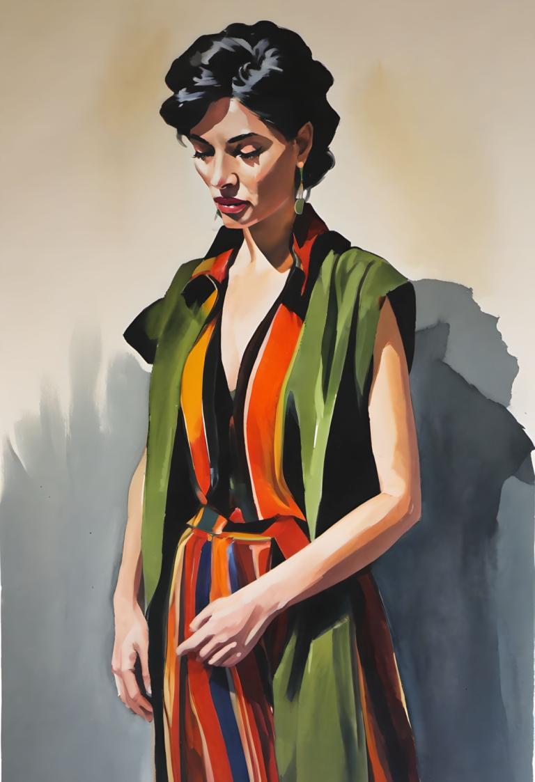 Gouache,Gouache, Menschen, Frau, 1Mädchen, Solo, schwarzes Haar, Ohrringe, Schmuck, bilden, Lippenstift