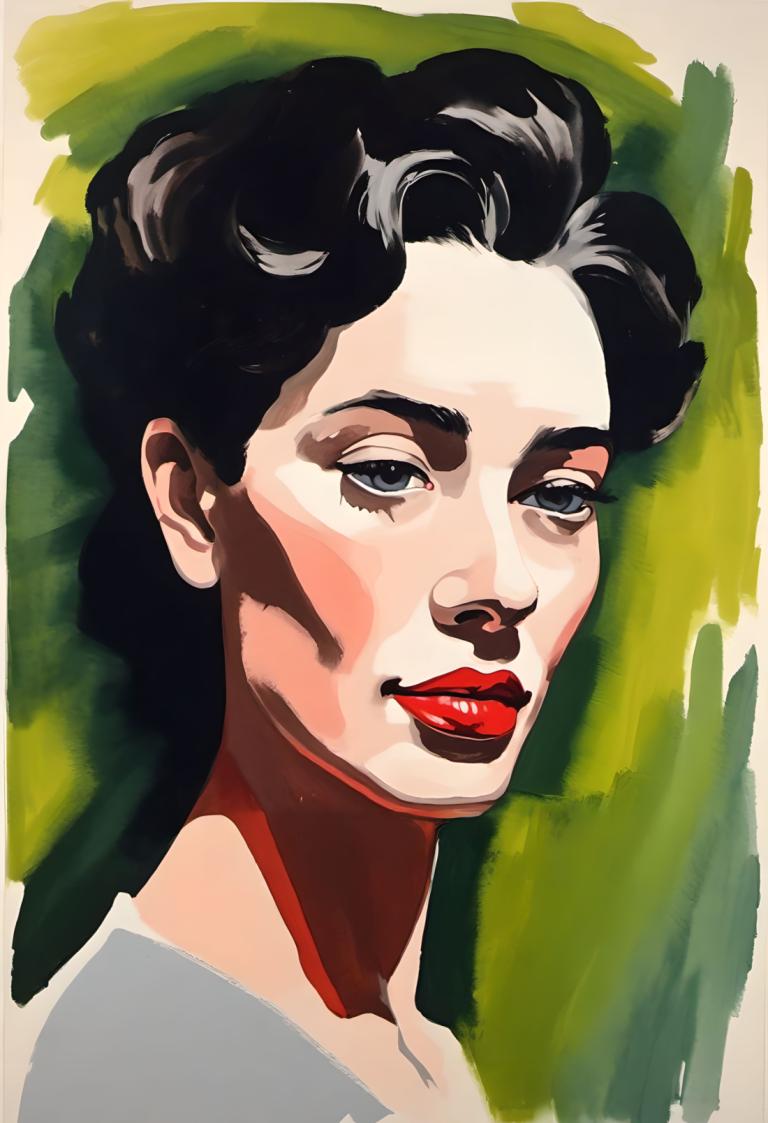 Gouache,Gouache, People, woman, solo, black hair, lipstick, makeup, red lips, black eyes, portrait