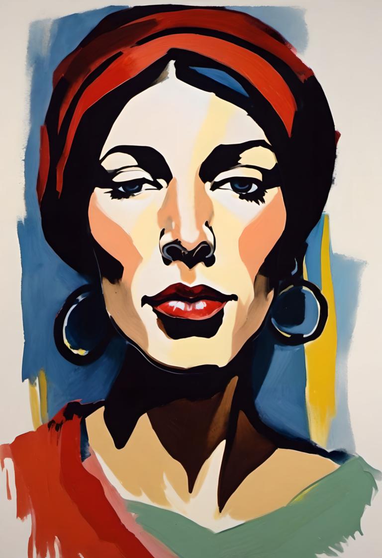 Gouache,Gouache, People, woman, 1girl, solo, jewelry, earrings, portrait, red lips, lipstick, hoop earrings