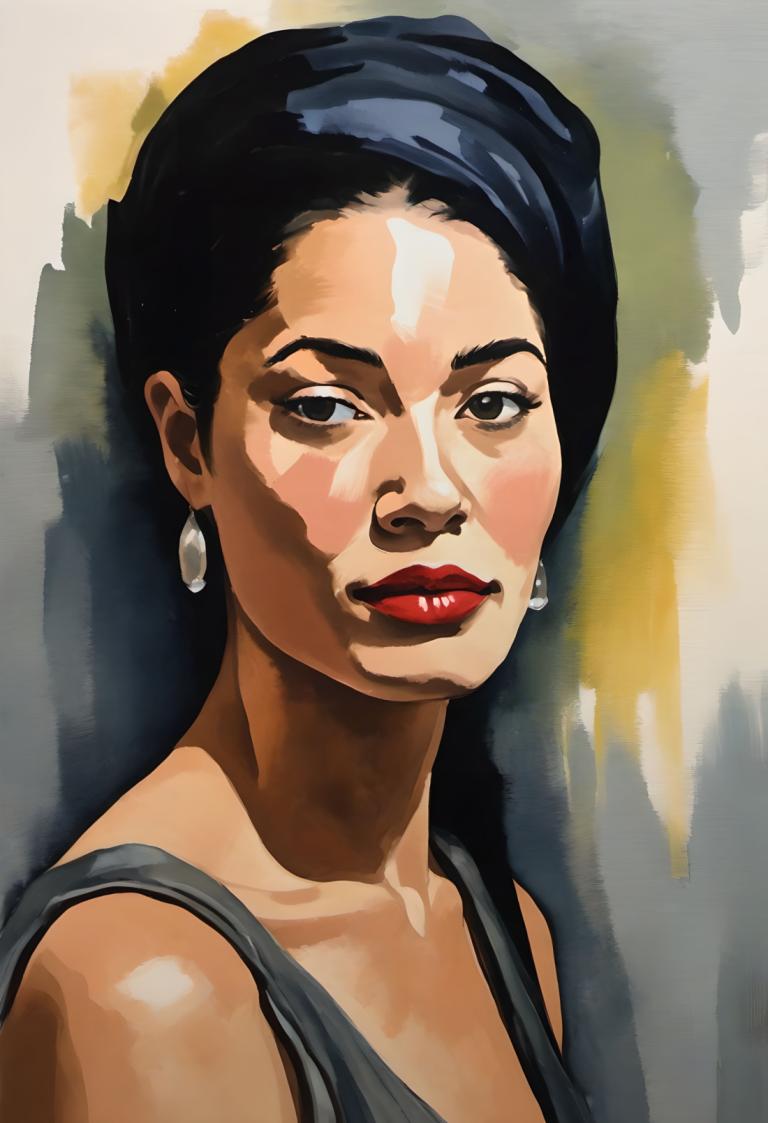 Gouache,Gouache, People, woman, 1girl, solo, jewelry, earrings, black hair, lipstick, facepaint, makeup