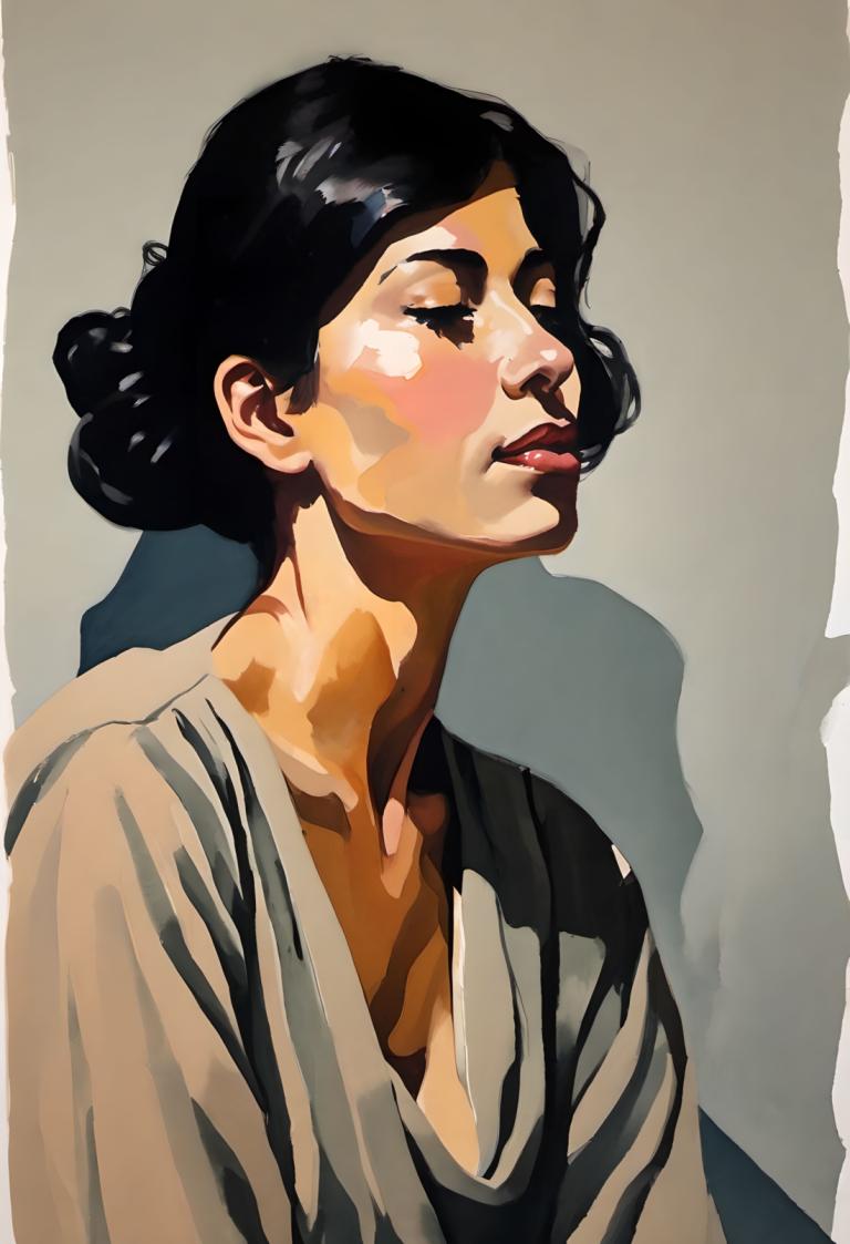 Gouache,Gouache, People, woman, 1girl, solo, black hair, upper body, shadow, black eyes, lips, grey shirt