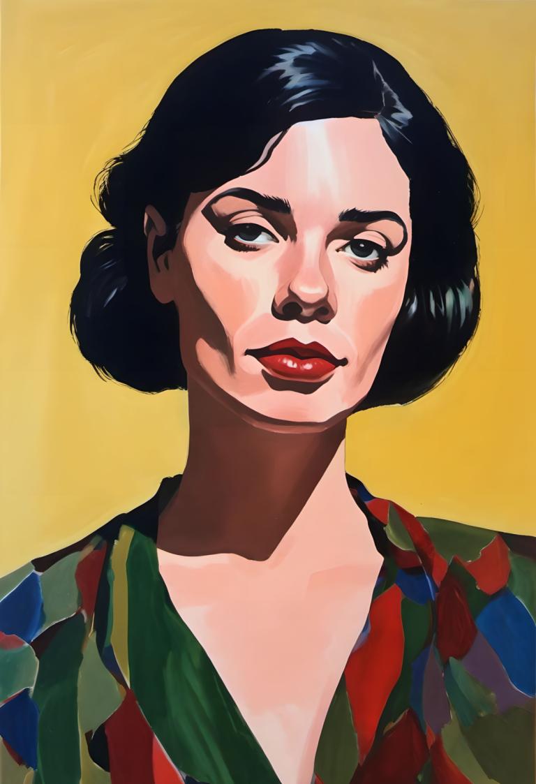 Gouache,Gouache, People, woman, solo, 1girl, black hair, red lips, yellow background, black eyes