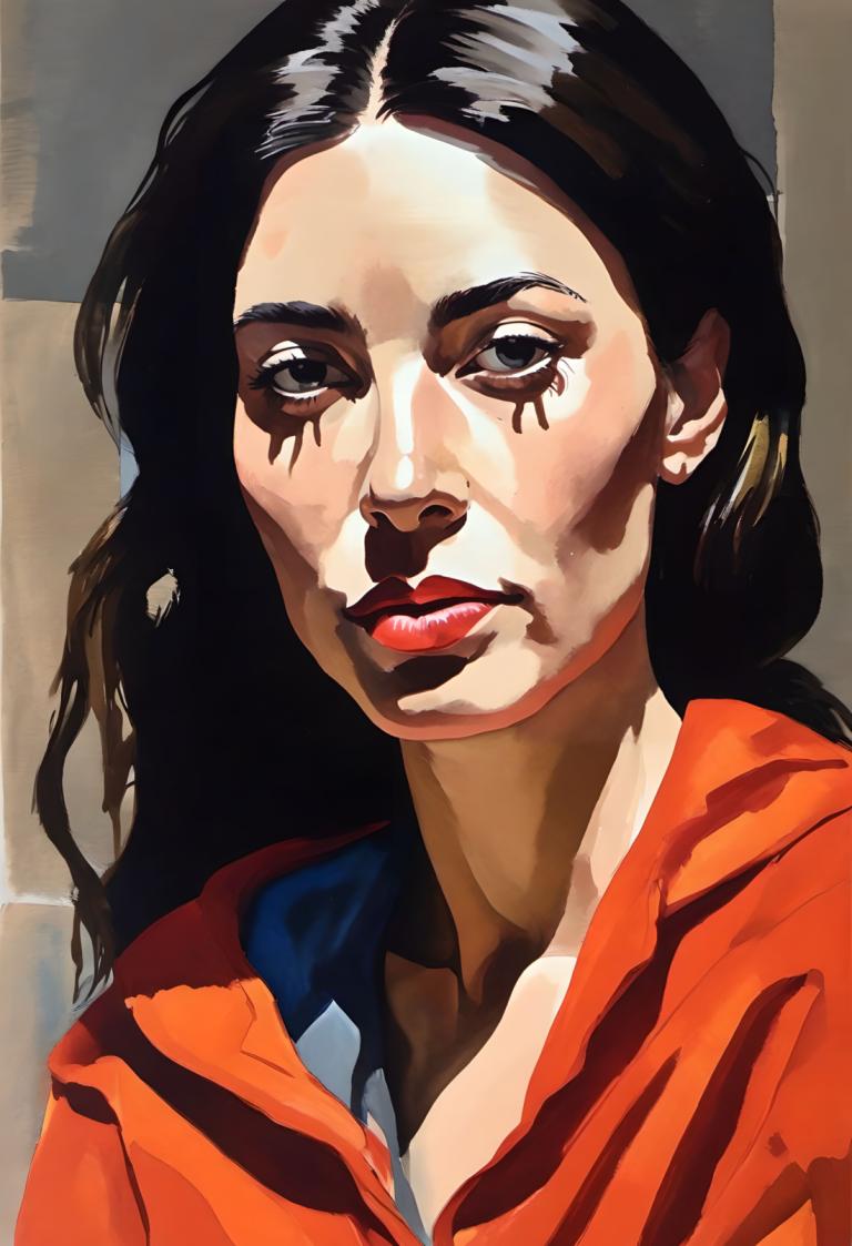 Gouache,Gouache, People, woman, solo, black hair, 1girl, long hair, red lips, black eyes, facepaint, makeup