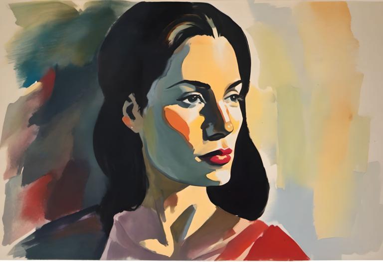 Gouache,Gouache, Mensen, vrouw, solo, 1meisje, zwart haar, lippenstift, gezichtsverf, zwarte ogen, portret