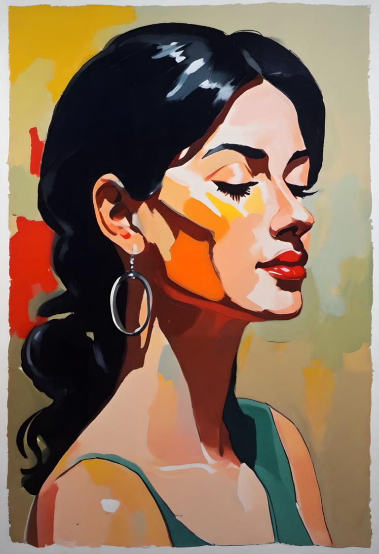 Gouache,Gouache, People, woman, 1girl, solo, earrings, jewelry, black hair, closed eyes, facepaint, long hair