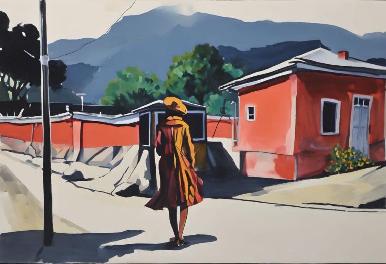 Gouache,Gouache, People, woman, solo, 1girl, outdoors, house, hat, tree, road, shadow, scarf, building