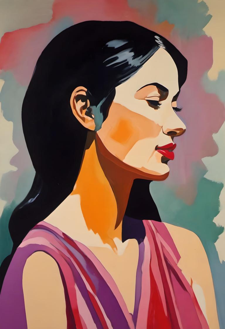 Gouache,Gouache, People, woman, 1girl, solo, black hair, long hair, red lips, lipstick, profile, upper body