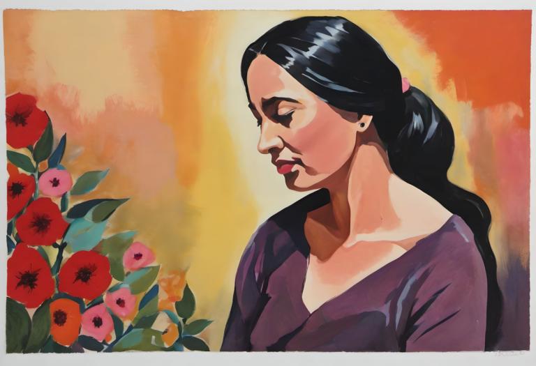 Gouache,Gouache, People, woman, 1girl, solo, flower, black hair, ponytail, long hair, profile, upper body