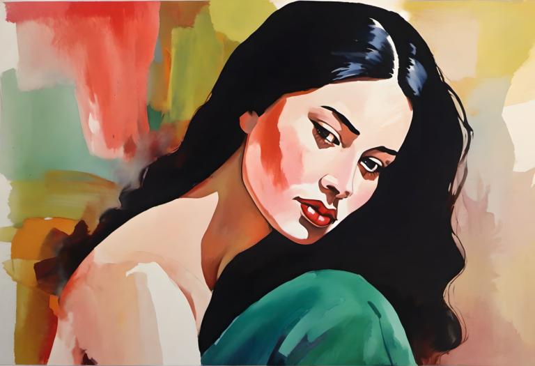 Gouache,Gouache, People, woman, 1girl, solo, black hair, long hair, red lips, black eyes, makeup, brown eyes