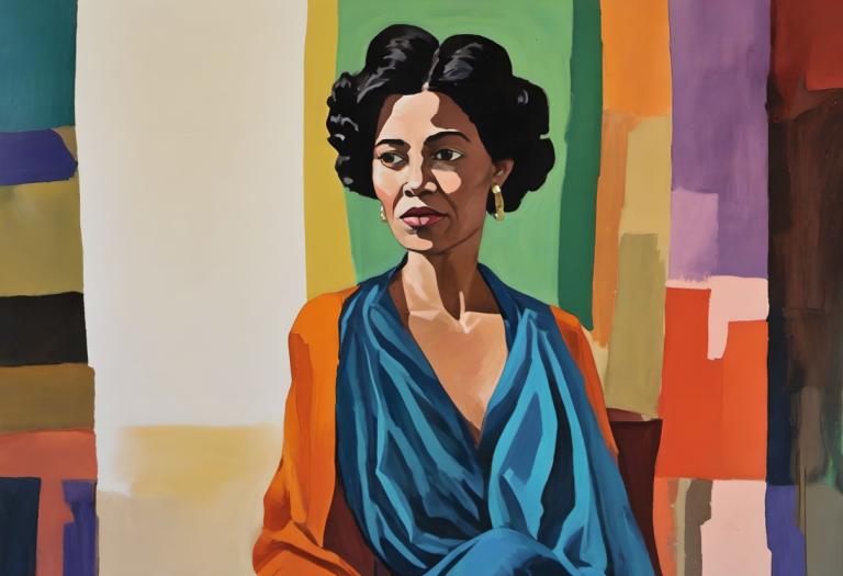 Gouache,Gouache, People, woman, solo, 1girl, jewelry, earrings, black hair, afro, dress, upper body, parody