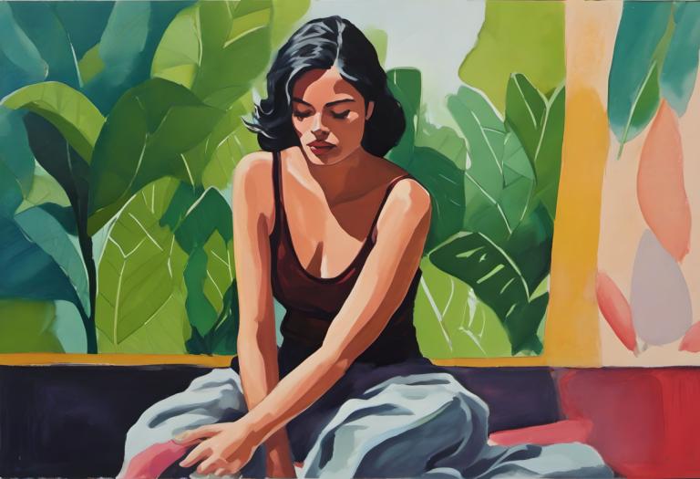 Gouache,Gouache, People, woman, 1girl, solo, black hair, sitting, breasts, closed eyes, cleavage, plant, leaf