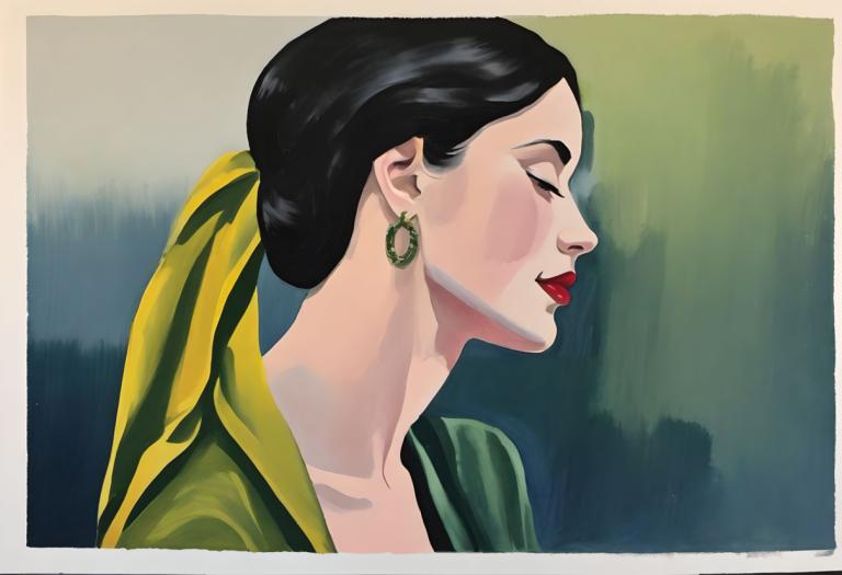 Gouache,Gouache, People, woman, 1girl, jewelry, solo, earrings, black hair, lipstick, makeup, red lips