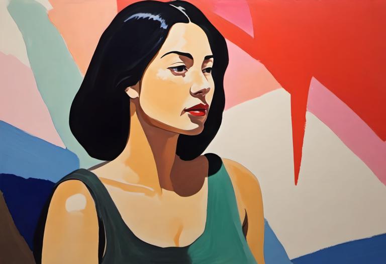 Gouache,Gouache, People, woman, 1girl, solo, black hair, tank top, upper body, long hair, cleavage, red lips