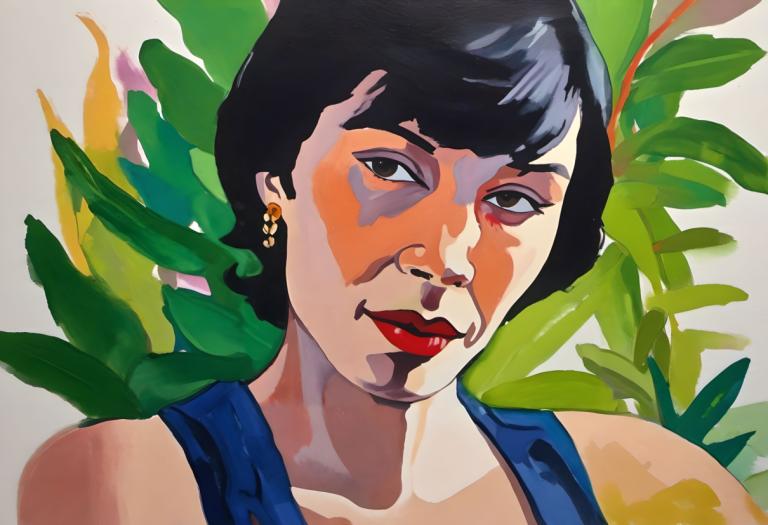 Gouache,Gouache, People, woman, solo, jewelry, black hair, earrings, short hair, black eyes, red lips, 1girl