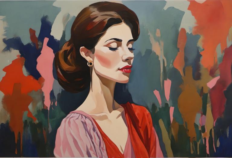 Gouache,Gouache, People, woman, 1girl, solo, jewelry, earrings, brown hair, red lips, dress, makeup, lipstick