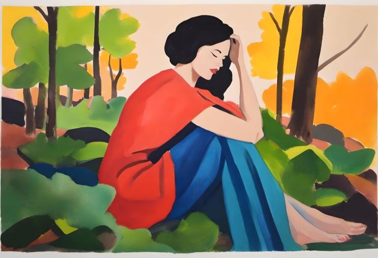 Gouache,Gouache, People, woman, 1girl, black hair, solo, closed eyes, shirt, barefoot, sitting, long hair