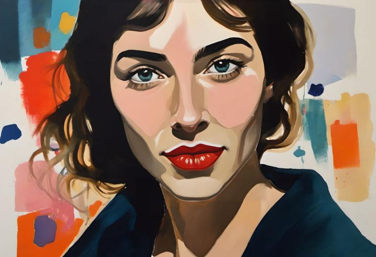 Gouache,Gouache, People, woman, solo, 1girl, red lips, looking at viewer, portrait, makeup, black hair