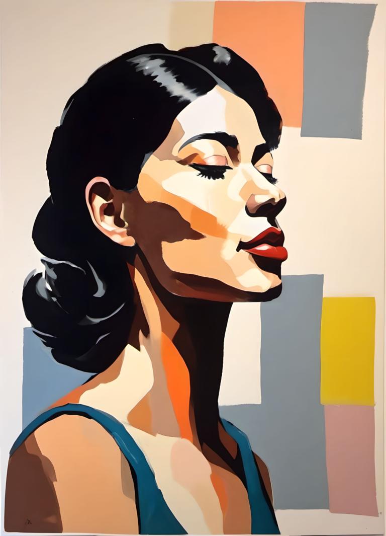 Gouache,Gouache, People, woman, 1girl, solo, black hair, closed eyes, makeup, red lips, lipstick, upper body