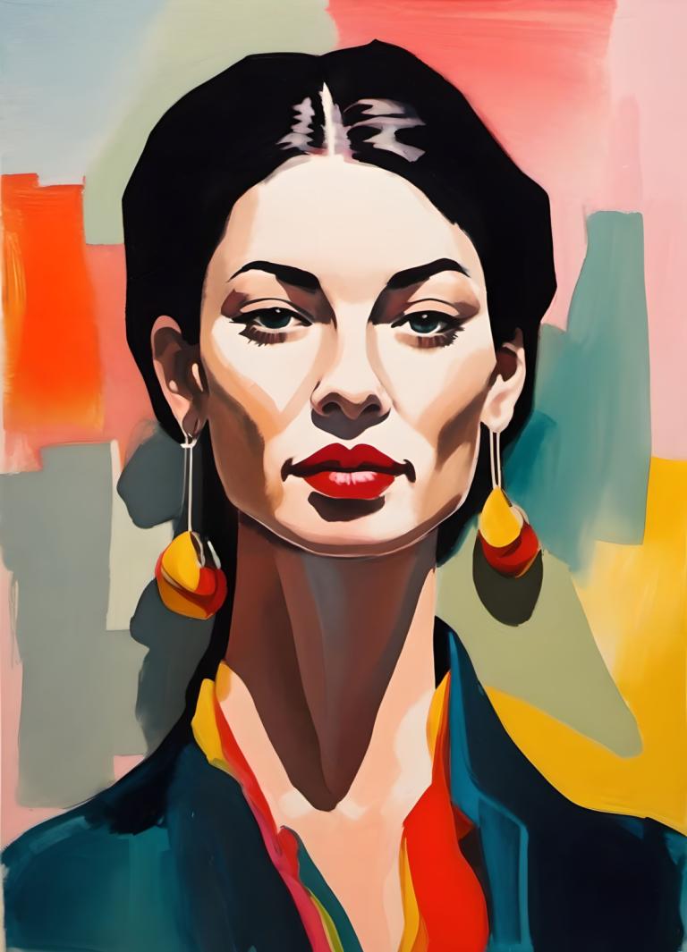 Gouache,Gouache, People, woman, solo, earrings, 1girl, jewelry, black hair, red lips, black eyes