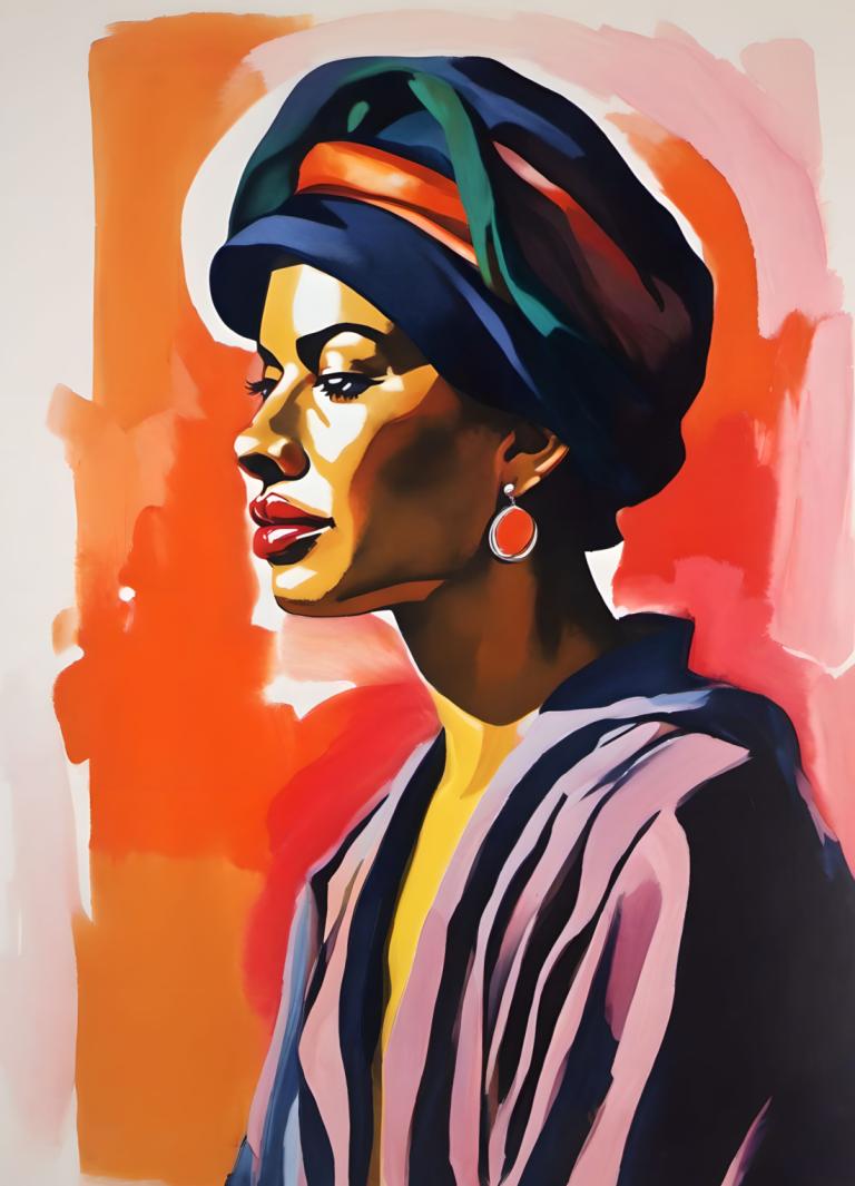 Gouache,Gouache, People, woman, solo, jewelry, earrings, lipstick, 1girl, hat, makeup, red lips, upper body