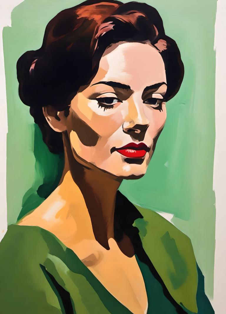 Gouache,Gouache, Mensen, vrouw, solo, 1meisje, lippenstift, groen shirt, bedenken, bruin haar, rode lippen