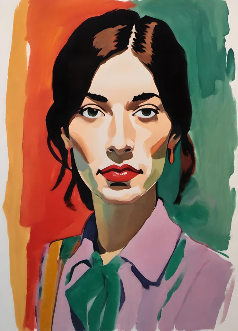 Gouache,Gouache, People, woman, 1girl, solo, shirt, looking at viewer, earrings, black hair, collared shirt