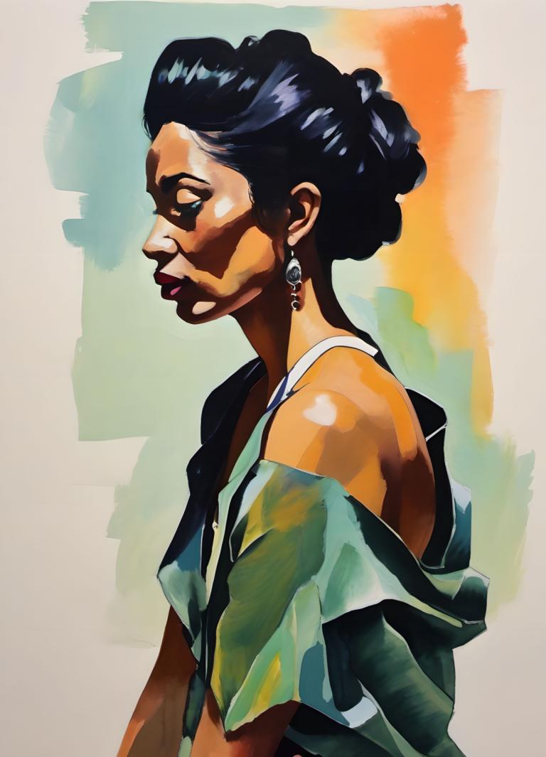 Gouache,Gouache, People, woman, 1girl, solo, jewelry, earrings, black hair, dark skin, off shoulder