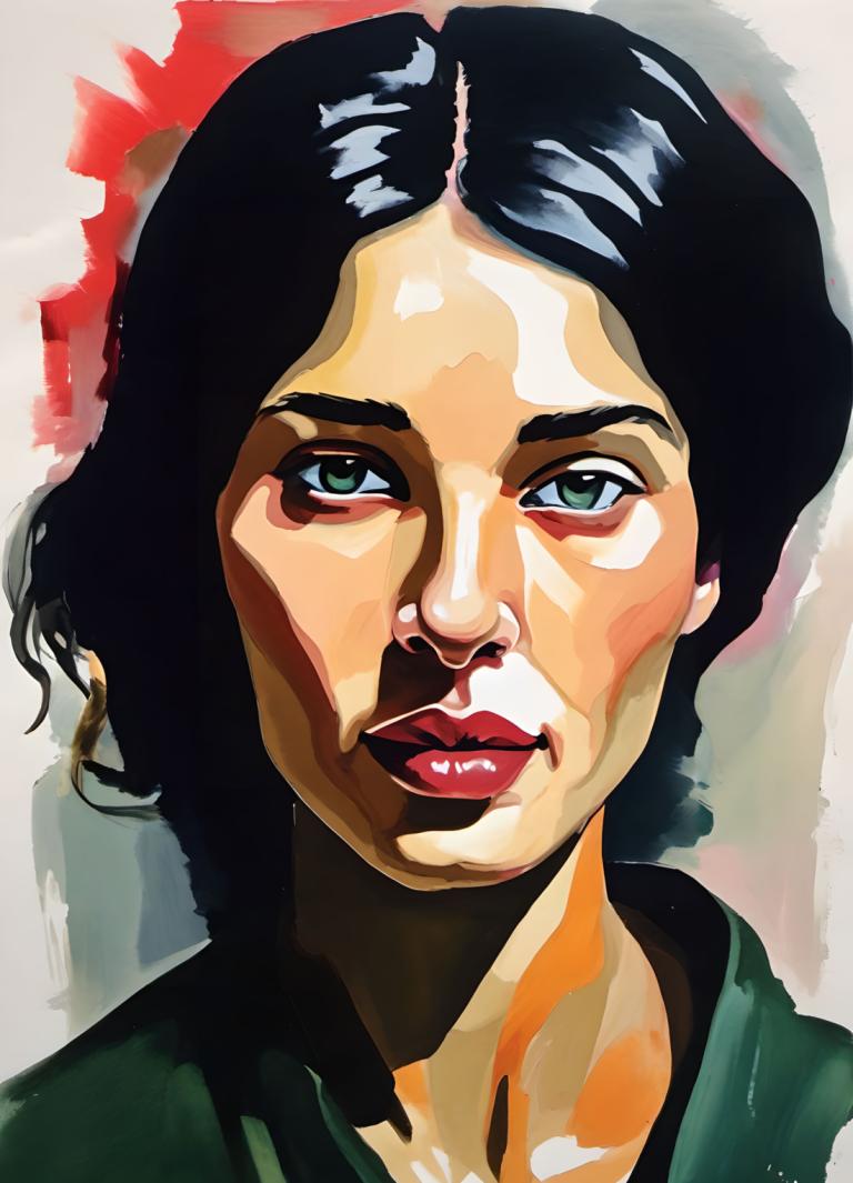 Gouache,Gouache, Oameni, femeie, solo, brunet, ochi verzi, portret, privind privitorul, 1 fata, inventa, ruj