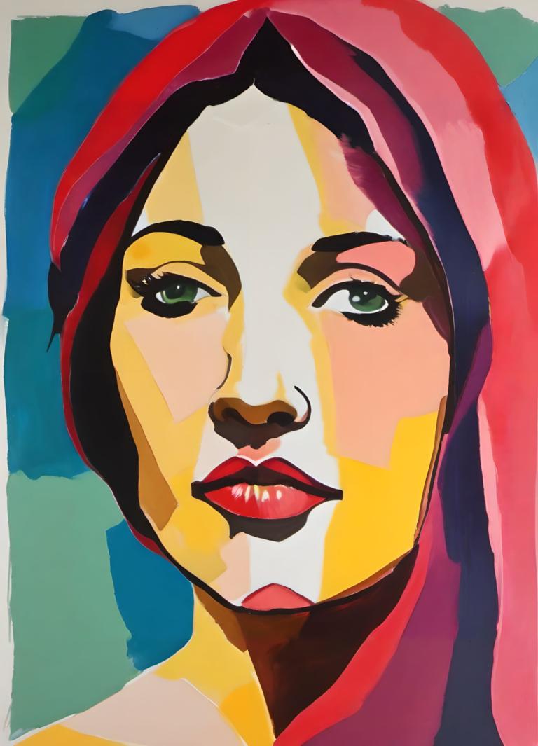 Gouache,Gouache, People, woman, solo, green eyes, lipstick, makeup, portrait, red lips, 1girl, male focus