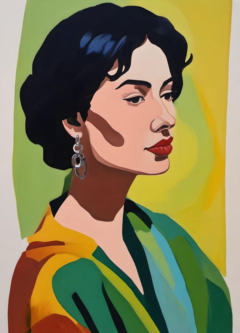 Gouache,Gouache, People, woman, solo, jewelry, 1girl, earrings, black hair, black eyes, red lips, short hair