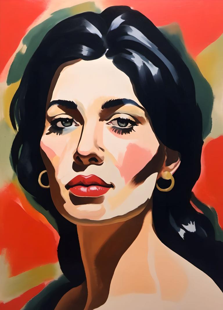 Gouache,Gouache, People, woman, 1girl, solo, jewelry, earrings, black hair, red lips, long hair, makeup