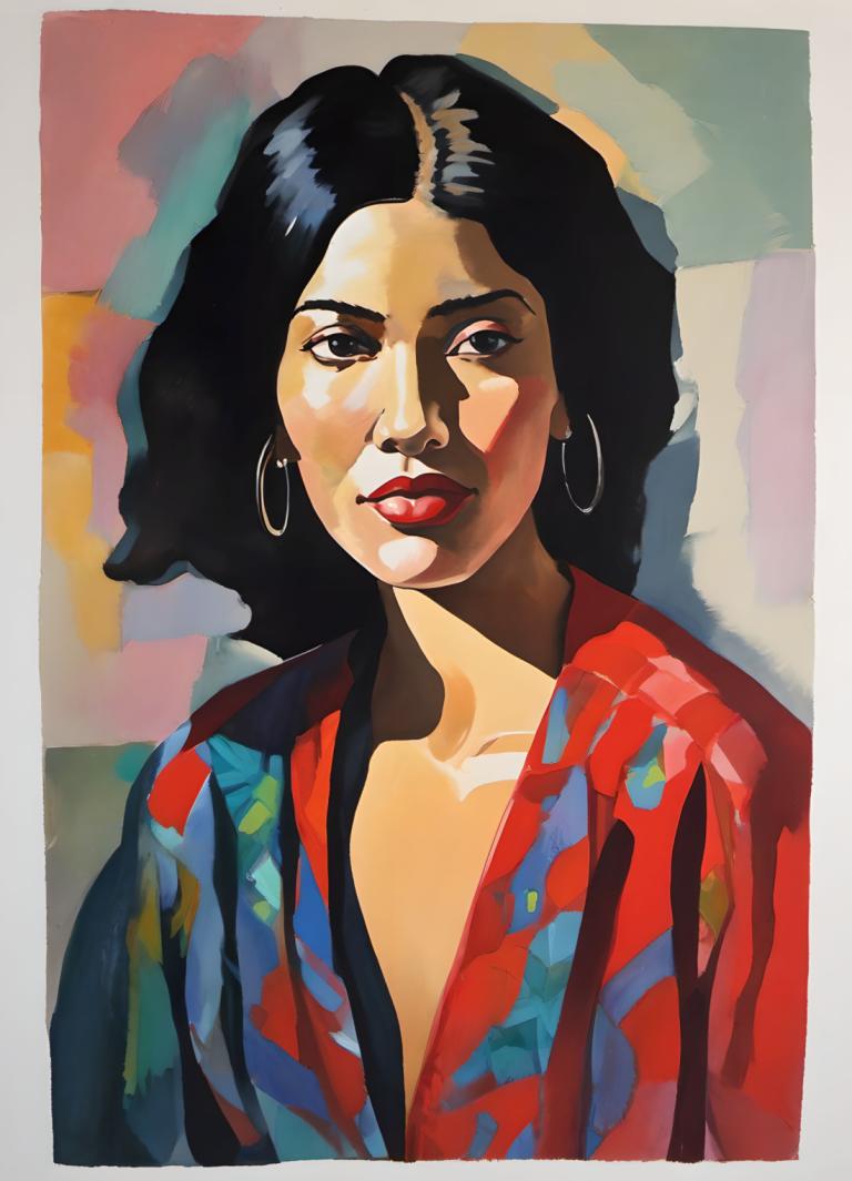 Gouache,Gouache, People, woman, 1girl, solo, jewelry, black hair, earrings, hoop earrings, red lips, makeup