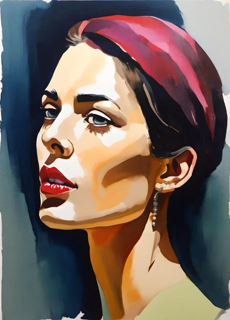 Gouache,Gouache, People, woman, 1girl, solo, jewelry, earrings, black hair, portrait, lipstick, makeup