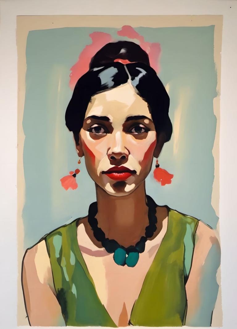 Gouache,Gouache, People, woman, 1girl, solo, jewelry, necklace, black hair, earrings, looking at viewer