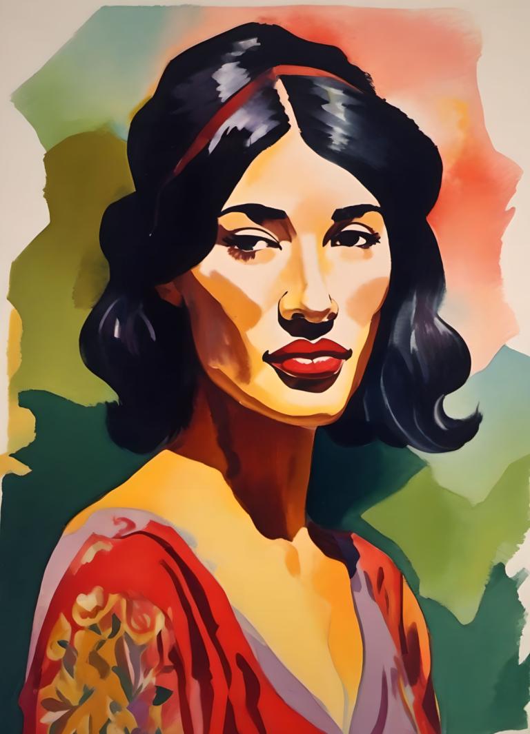 Gouache,Gouache, Menschen, Frau, 1Mädchen, Solo, schwarzes Haar, Lippenstift, rote Lippen, bilden, Haarband