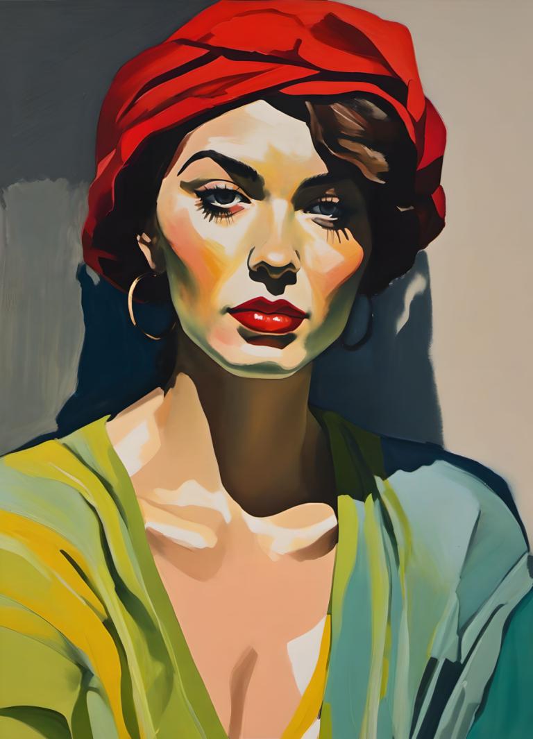 Gouache,Gouache, People, woman, 1girl, solo, jewelry, earrings, hoop earrings, makeup, red lips, lipstick