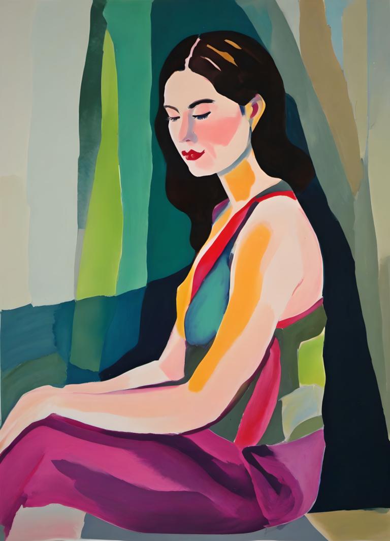 Gouache,Gouache, People, woman, 1girl, solo, black hair, sitting, long hair, sleeveless, dress, makeup