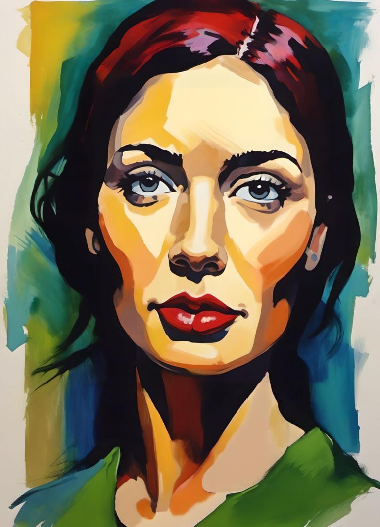 Gouache,Gouache, People, woman, 1girl, solo, portrait, blue eyes, black hair, makeup, lipstick, red lips