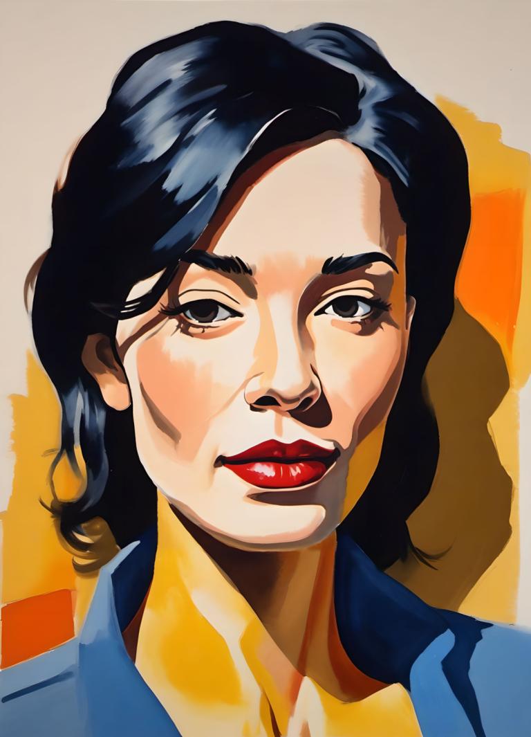 Gouache,Gouache, People, woman, solo, black hair, red lips, black eyes, 1girl, lipstick, shadow, portrait