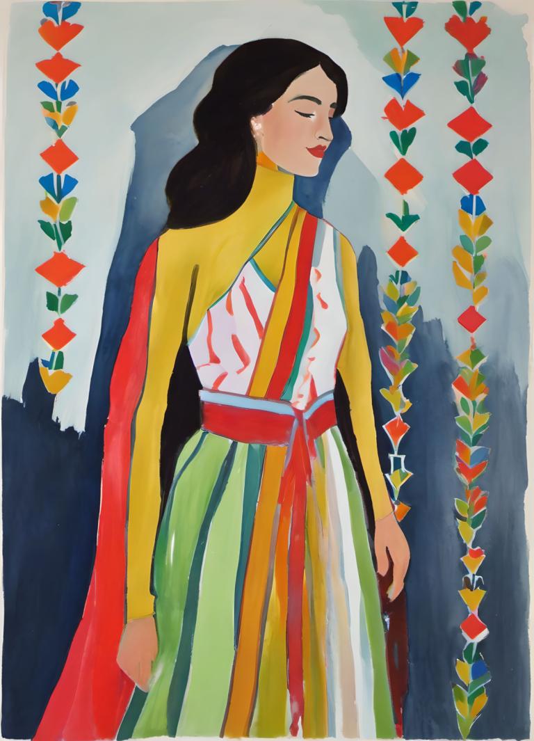 Gouache,Gouache, People, woman, 1girl, solo, long hair, multicolored clothes, closed eyes, black hair