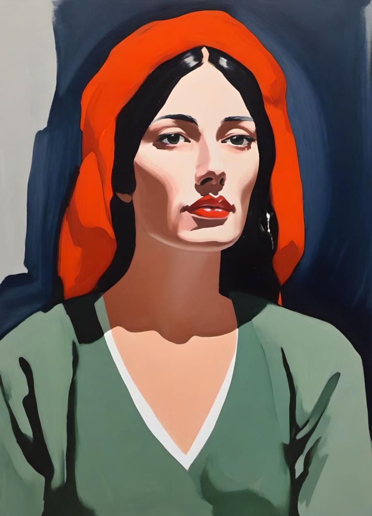 Gouache,Gouache, People, woman, 1girl, solo, black hair, green shirt, red lips, makeup, black eyes, lipstick