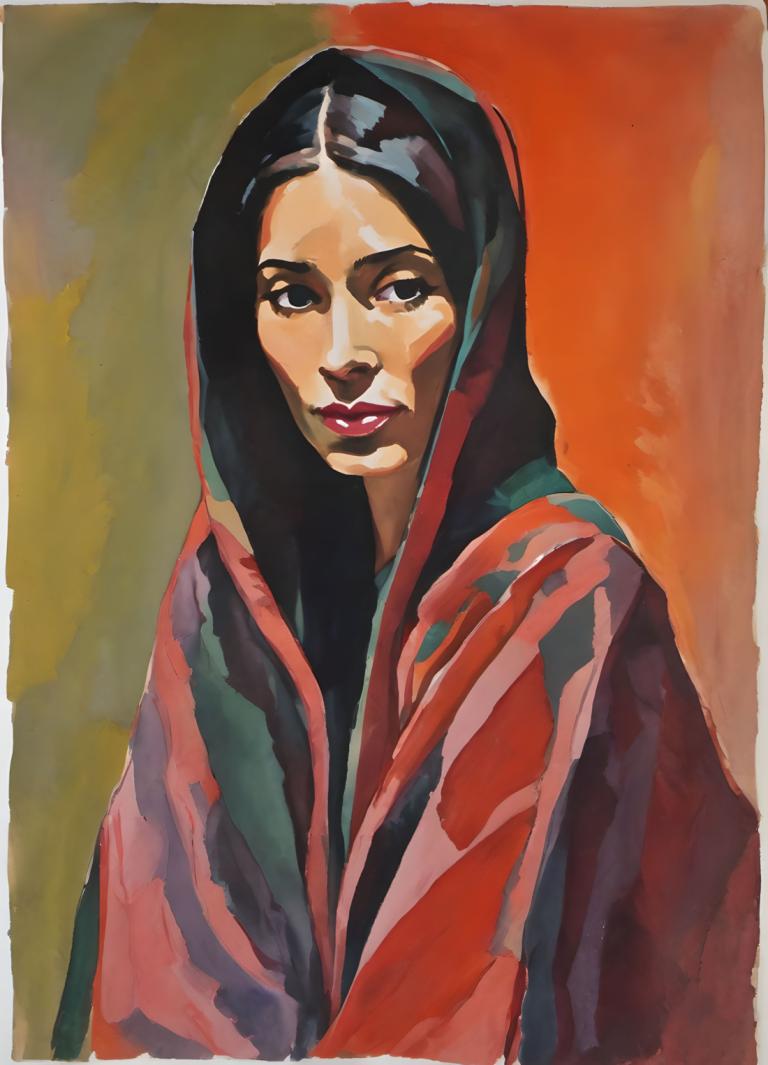 Gouache,Gouache, People, woman, 1girl, solo, black eyes, hood, black hair, red lips, looking at viewer