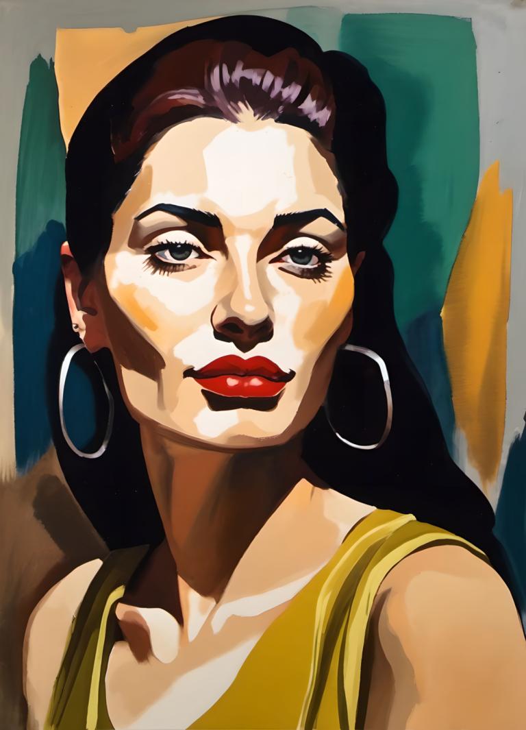 Gouache,Gouache, People, woman, 1girl, jewelry, solo, earrings, black hair, long hair, makeup, red lips