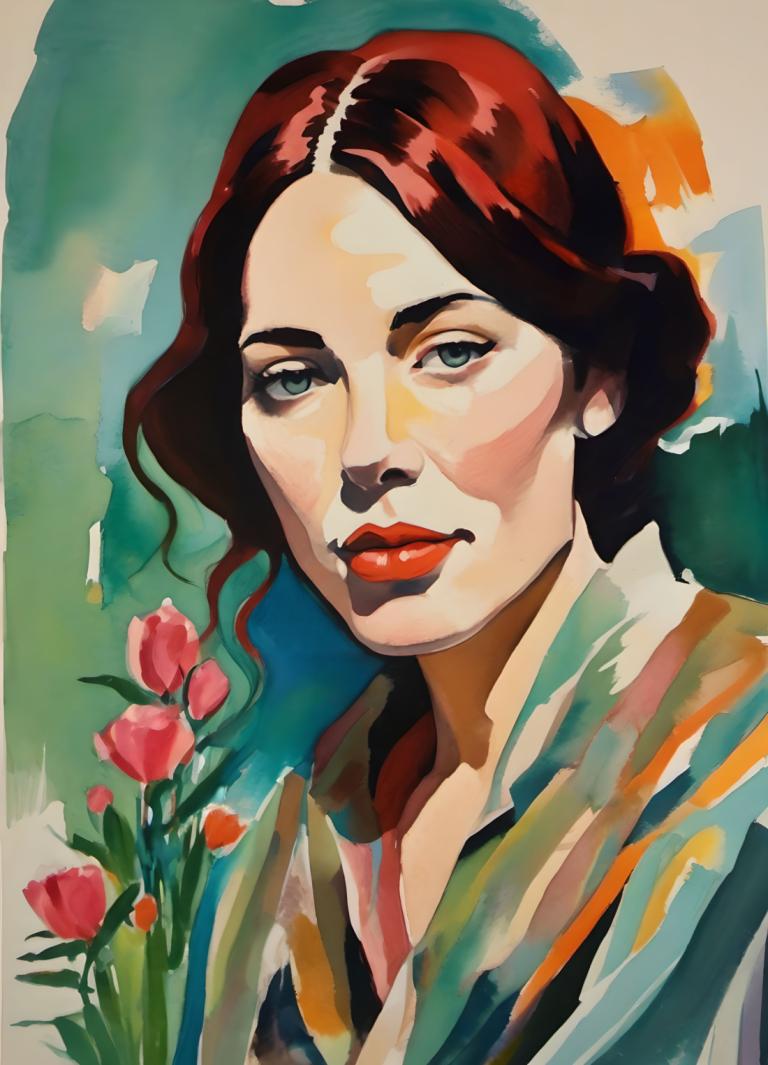 Gouache,Gouache, People, woman, solo, flower, 1girl, looking at viewer, brown hair, makeup, red lips