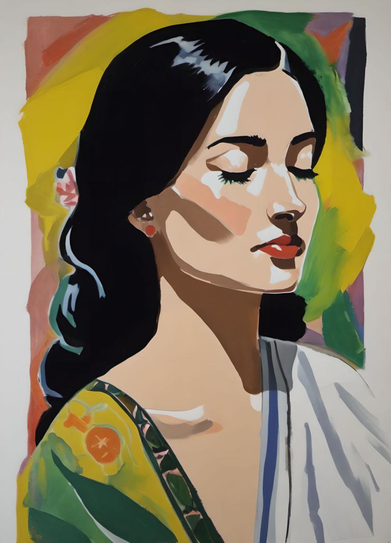 Gouache,Gouache, Gente, mujer, 1 chica, solo, pelo negro, Ojos cerrados, labios rojos, pendientes, joyas