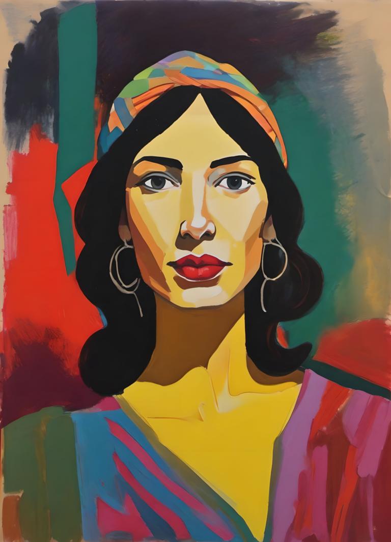 Gouache,Gouache, People, woman, 1girl, solo, jewelry, earrings, black hair, hoop earrings, black eyes, makeup