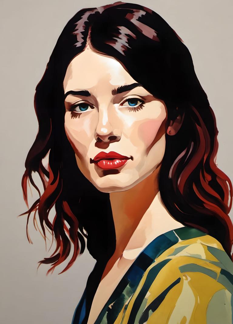 Gouache,Gouache, People, woman, 1girl, solo, black hair, blue eyes, long hair, looking at viewer, red lips