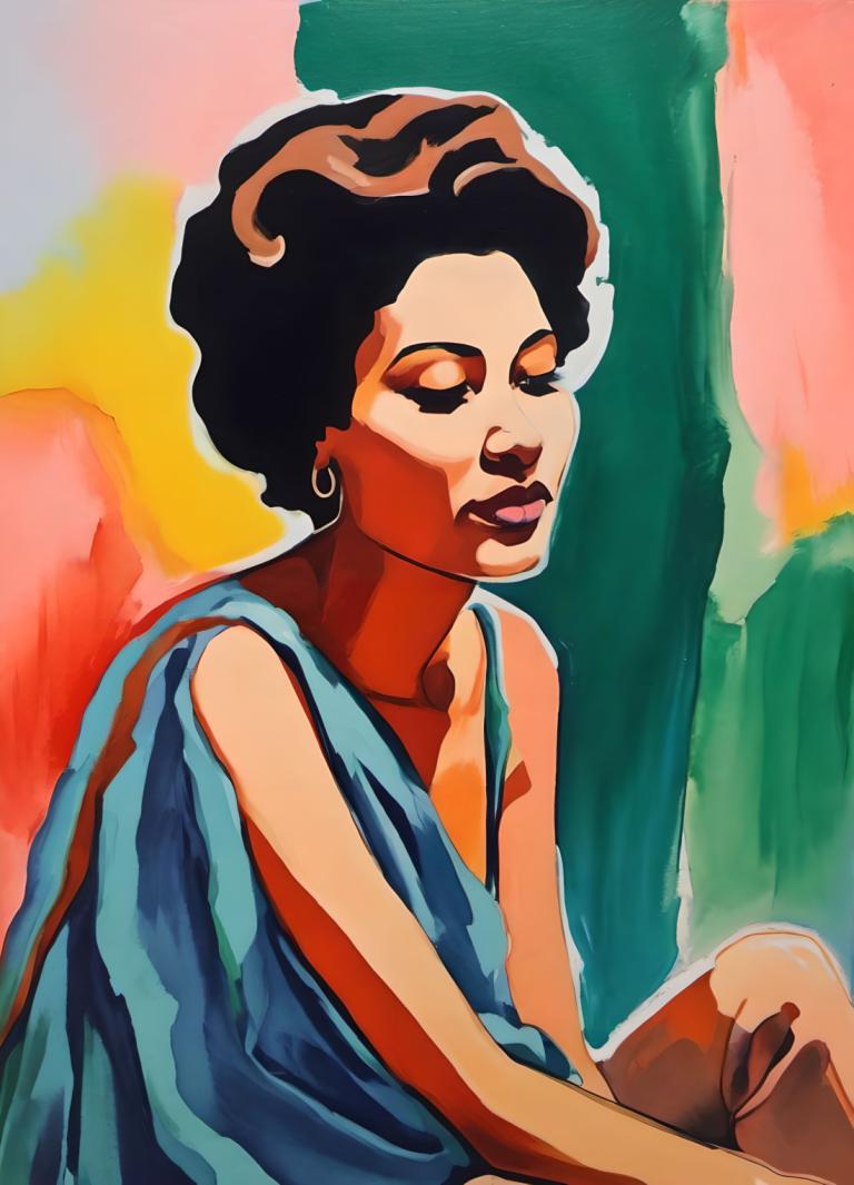 Gouache,Gouache, People, woman, solo, 1girl, closed eyes, earrings, jewelry, black hair, sitting, afro, lips