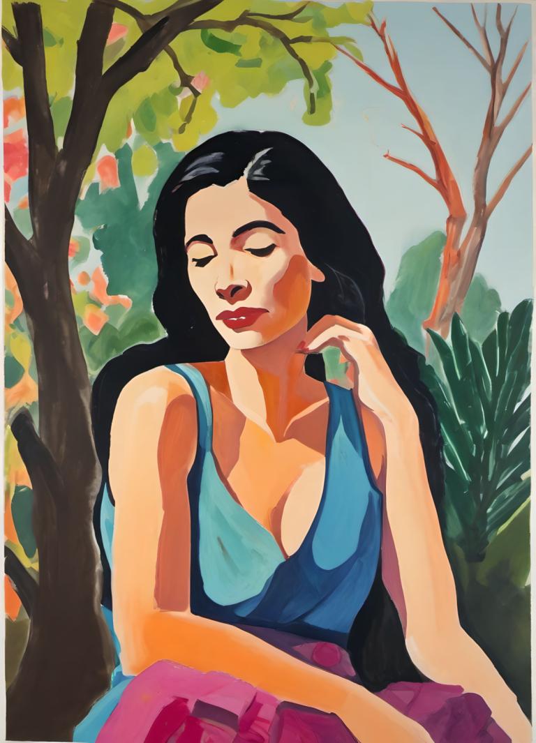 Gouache,Gouache, People, woman, 1girl, solo, black hair, closed eyes, long hair, tree, breasts, cleavage