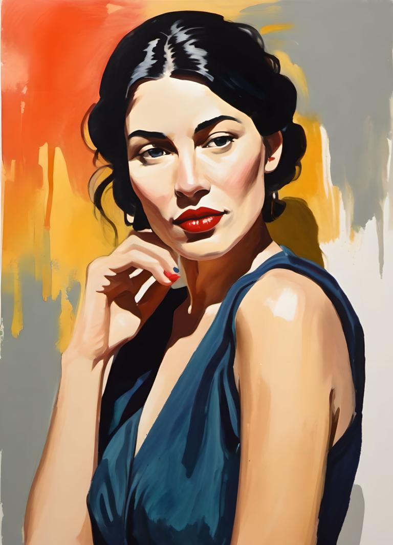 Gouache,Gouache, People, woman, 1girl, solo, black hair, lipstick, red lips, makeup, nail polish, black eyes